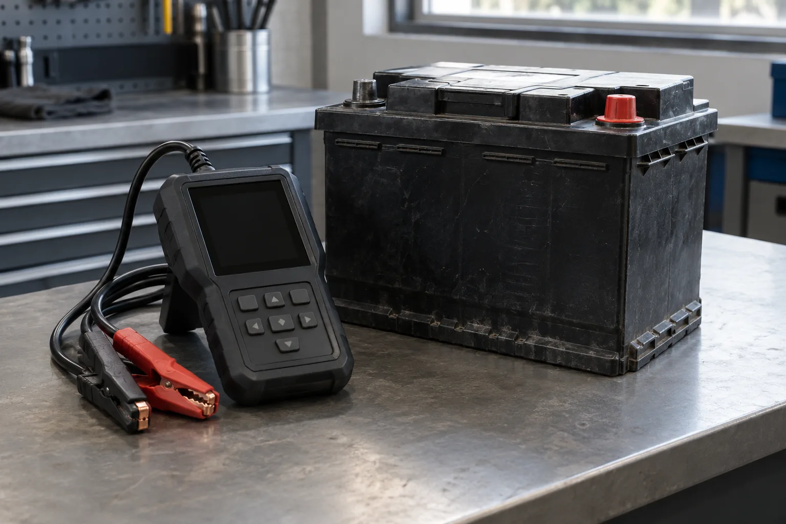Unbranded battery tester on a clean bench with no displayed reading