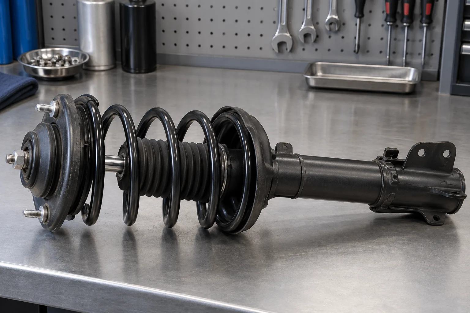 Strut suspensi dan spring gegelung generik di atas meja kerja bersih